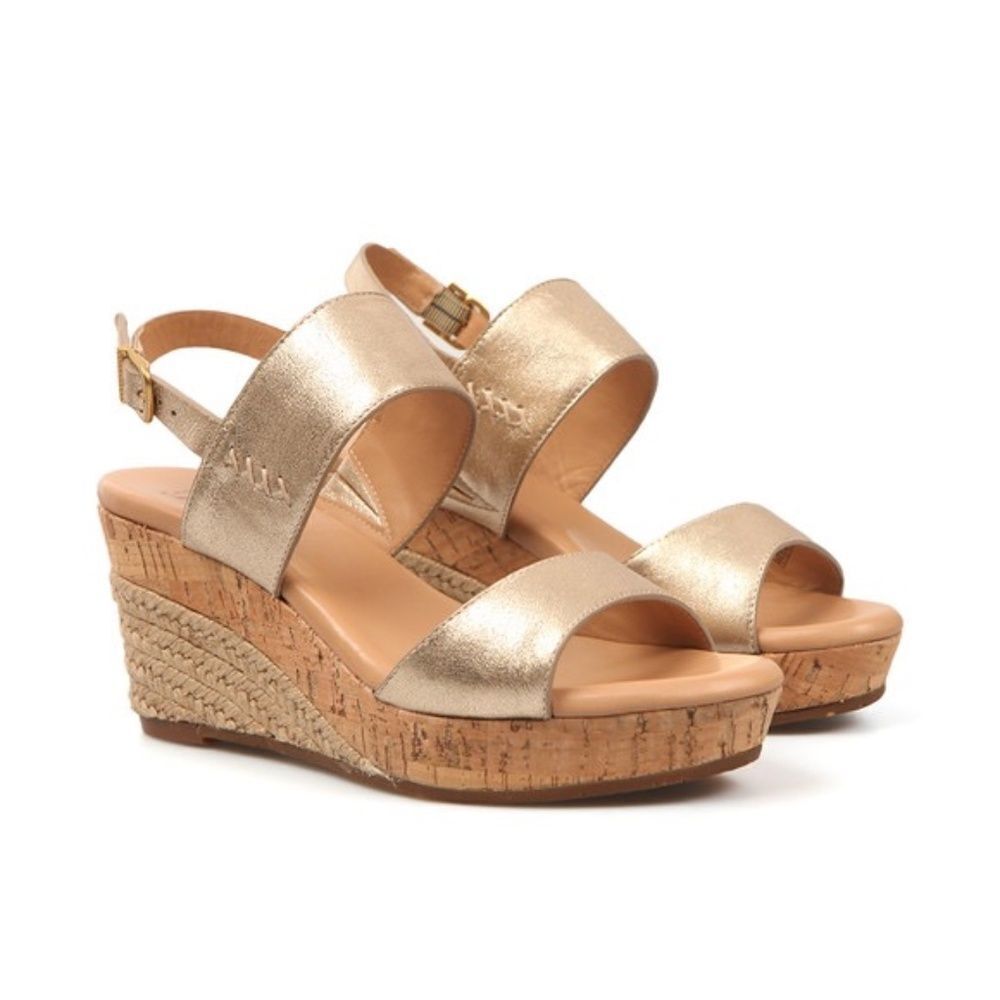 UGG Elena Metallic Gold Leather Espadrille Platform Sandals Sz 9.5‎